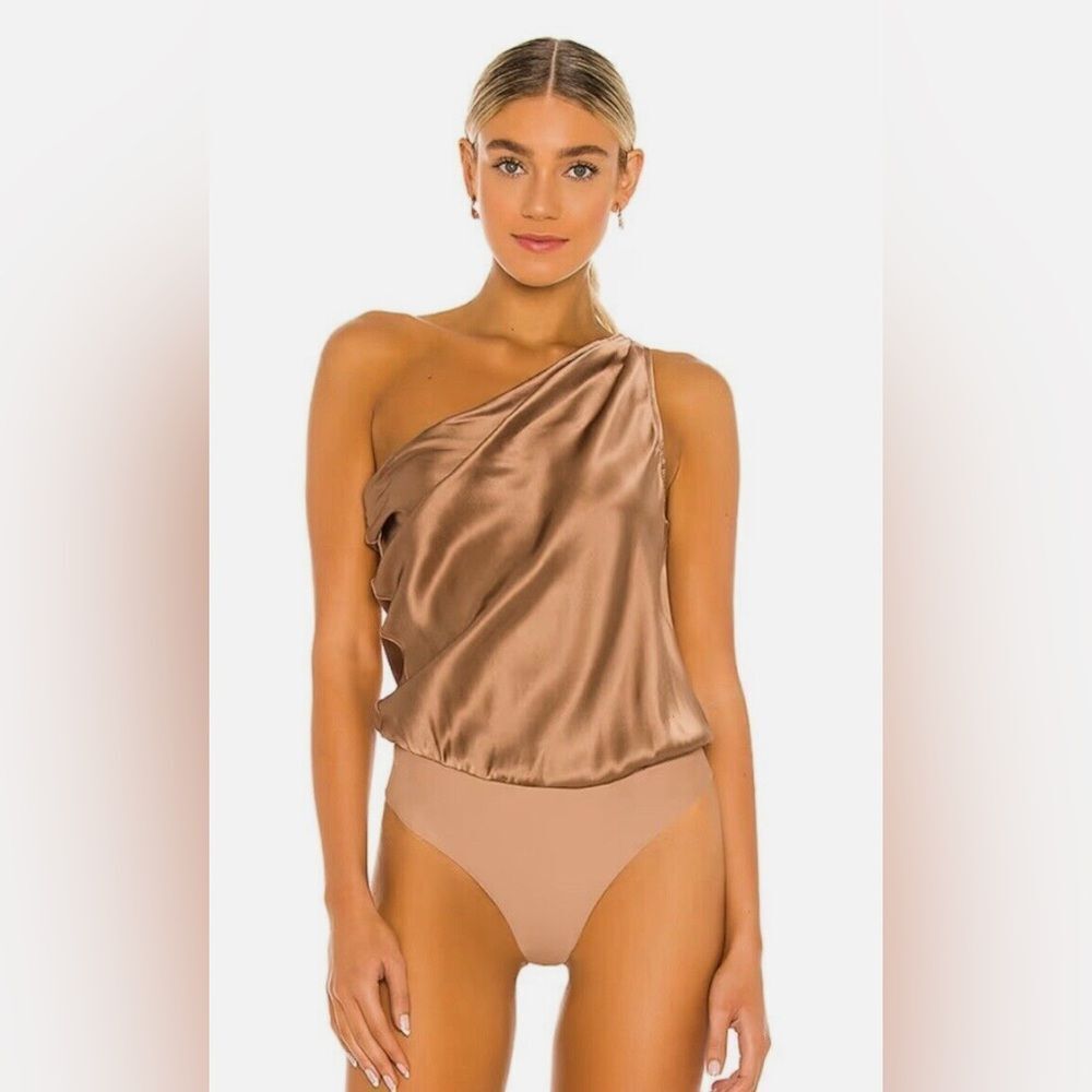 Cami NYC Small  Brown one shoulder silk satin Bodysuit